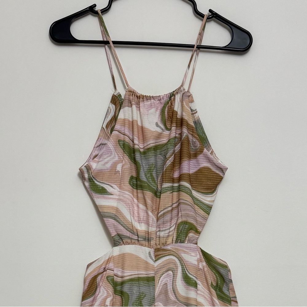 Lush Brown and Green Swirl Print Halter Open Back Jumpsuit in Strawberry Matcha - Picture 2 of 16